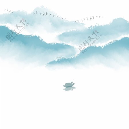 卡通手绘中国风山峰划船的人