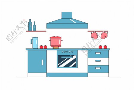 蓝色的厨房装修插画