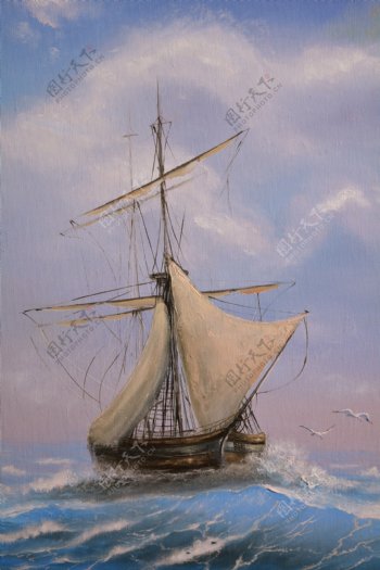 复古帆船油画背景墙
