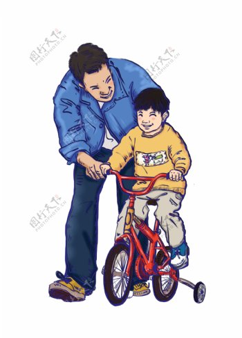 父亲节手绘卡通形象父子骑自行车