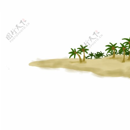 春天夏天海边沙滩度假浅滩岛屿椰子树手绘插画psd