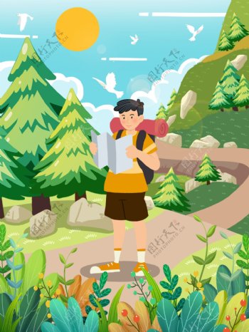 男人徒步登山露营旅游插画