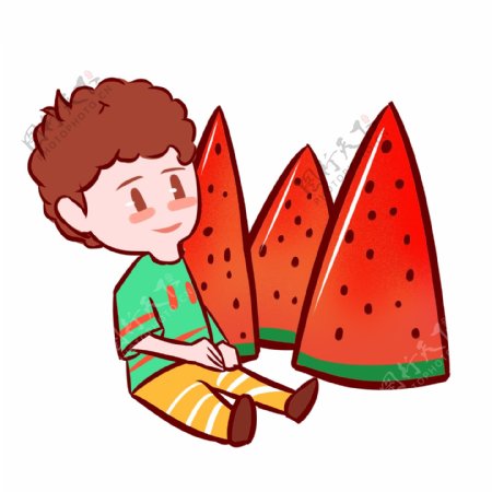 夏天吃西瓜的男孩