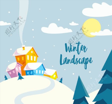 彩色冬季房屋雪景