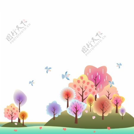 春天春光风景湖水彩色树林装饰底框边框海报边框底部边框