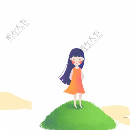 小女孩站在绿草地上免抠图
