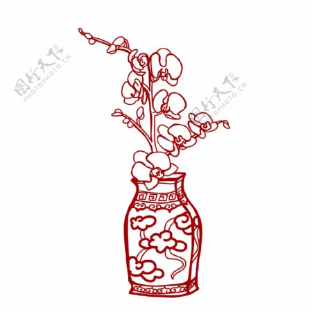 中国风红色剪纸兰花花瓶