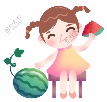 吃西瓜的女孩插画
