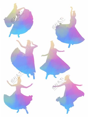 手绘水彩紫色叠加新疆舞人物舞蹈剪影元素