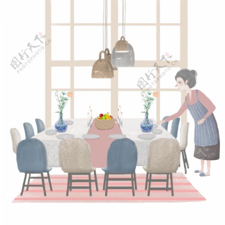 感恩节感恩母亲准备晚餐文艺复古免抠插画H5界面
