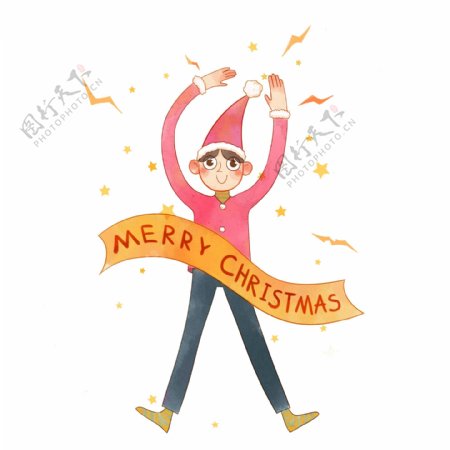 庆祝圣诞节带圣诞帽的小男孩卡通手绘可爱png免扣