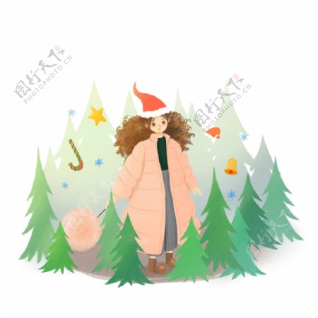 圣诞节的小森林松树林的美少女