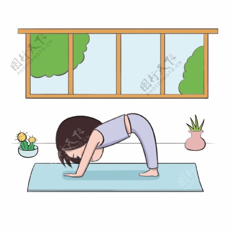 卡通手绘可爱的女孩健身瑜伽