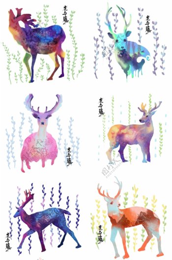 手绘水彩插图鹿与藤