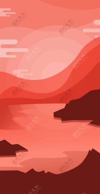 珊瑚红河边风景插画背景