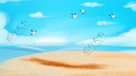 手绘蓝色海滩背景设计