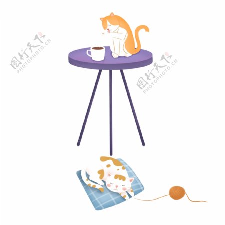 手绘可爱桌子上与地上的猫元素