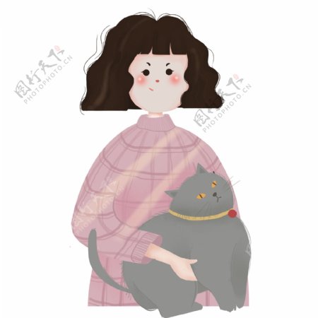 卡通小清新抱着猫咪的女孩人物设计