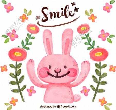 水彩绘粉色兔子和花卉