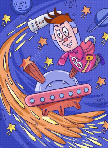 卡通风格在宇宙的和飞船火箭一起的男孩插画