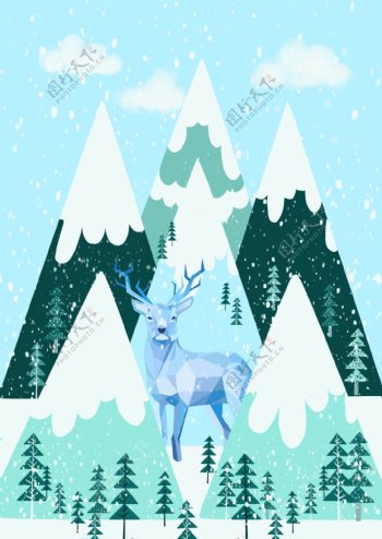 蓝绿色系冬季小清新小鹿插画