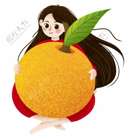 手绘卡通可爱抱着橘子的女孩元素