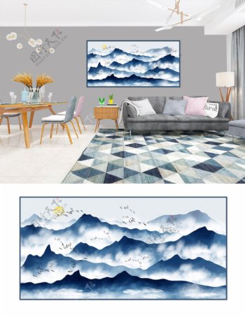 新中式手绘意境蓝色水墨山水装饰画