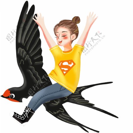 手绘乘着燕子飞翔的女孩子