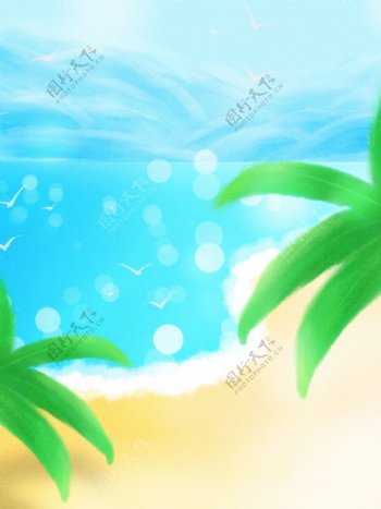 小清新手绘插画风格海边蓝天白云沙滩背景