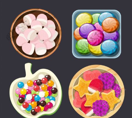 4组彩色盘装糖果俯视图