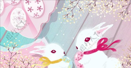 暖色调复活节兔子送彩蛋插画