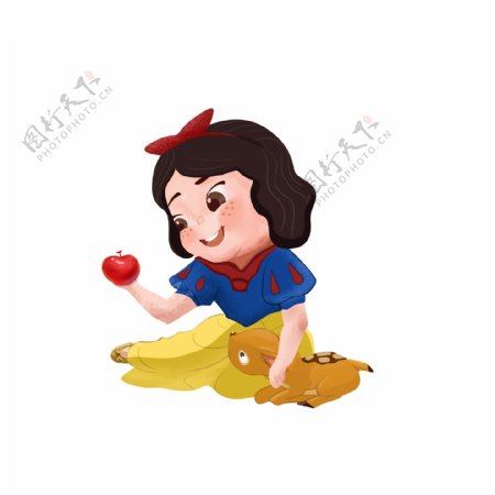 卡通手绘拿着红苹果的白雪公主