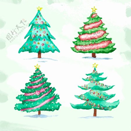 4款水彩绘圣诞树设计矢量图