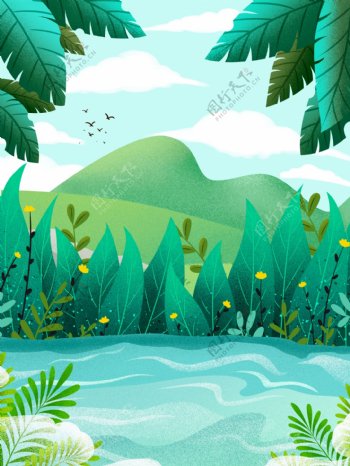 清新立夏节气池塘绿叶背景设计
