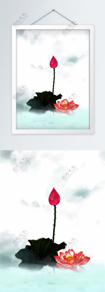 中国风荷花竖版装饰画