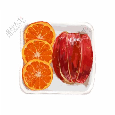 原创手绘元素橙子苹果切片水果拼盘