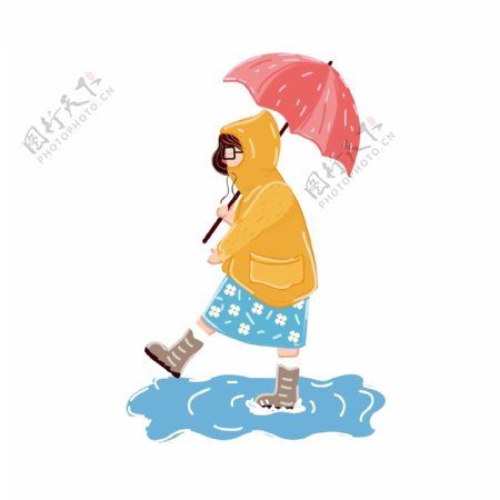 雨天散步小姑娘装饰元素