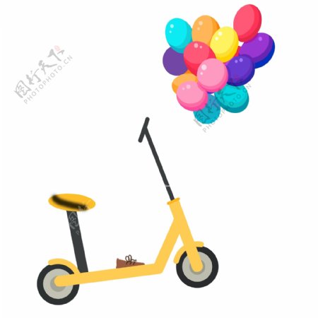 彩绘绑着一束气球的自行车插画设计