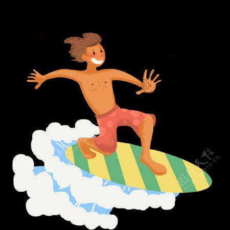 夏天海上冲浪的小男孩手绘