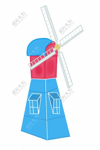 蓝色的风车建筑插画