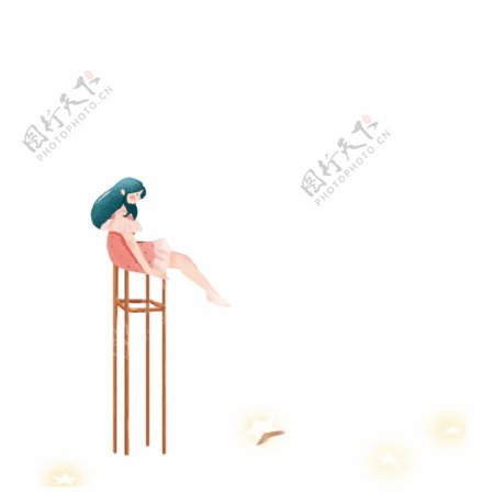 坐在凳子上的女孩插画png素材