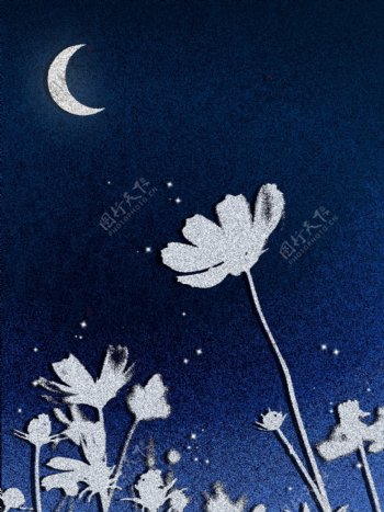 深蓝色夜晚月光下雏菊星光闪闪版画颗粒背景