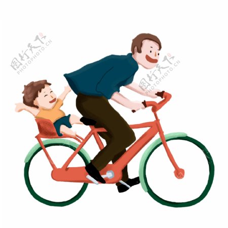 温馨父亲节骑着自行车载着儿子的父亲