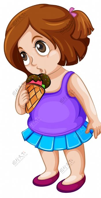 一个胖女孩吃冰淇淋矢量素材