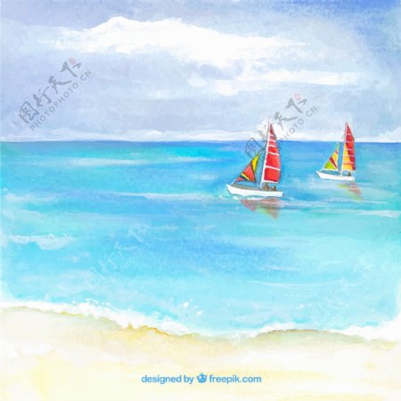 彩绘大海上的帆船风景