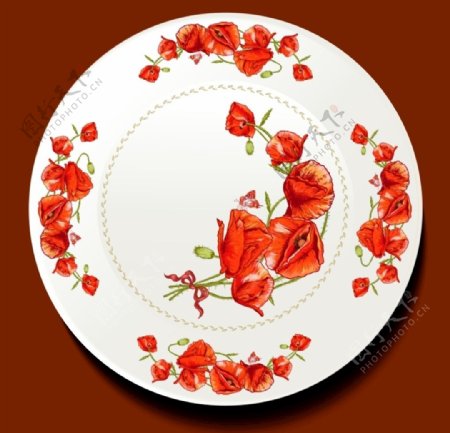 红色罂粟花花纹餐盘