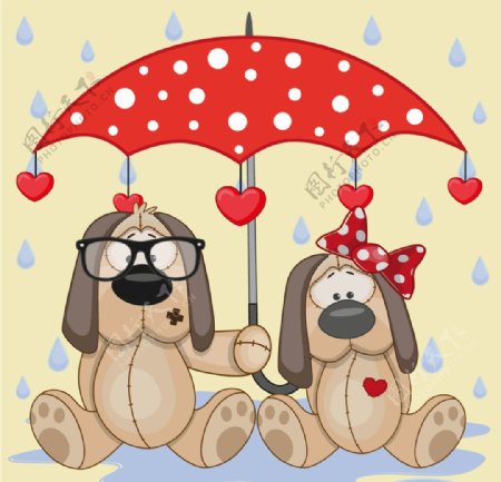 可爱的动物和雨伞卡通矢量图