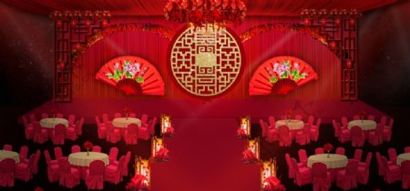 中式红色喜庆婚礼舞台背景