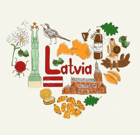 拉脱维亚旅游手绘元素