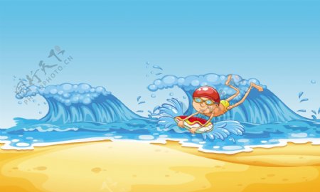 卡通儿童海边游玩
